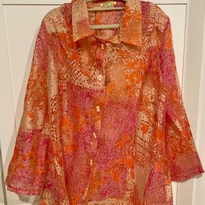 Size XL Trisha Tyler Women's Orange Abstract Flower Button up Tunic Top